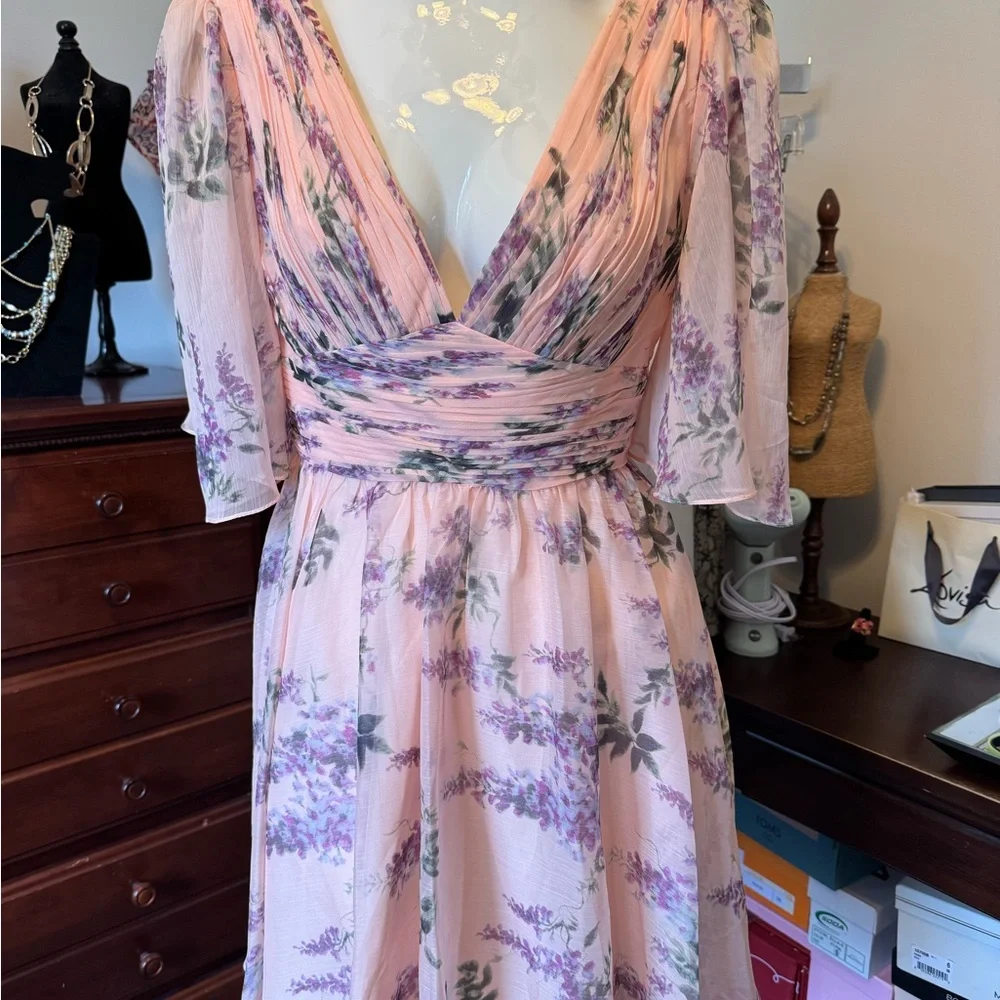 Ieena for Mac Duggal Pink Floral Flutter Sleeve Deep V Neck Mini Dress Size 6 - Picture 12 of 16